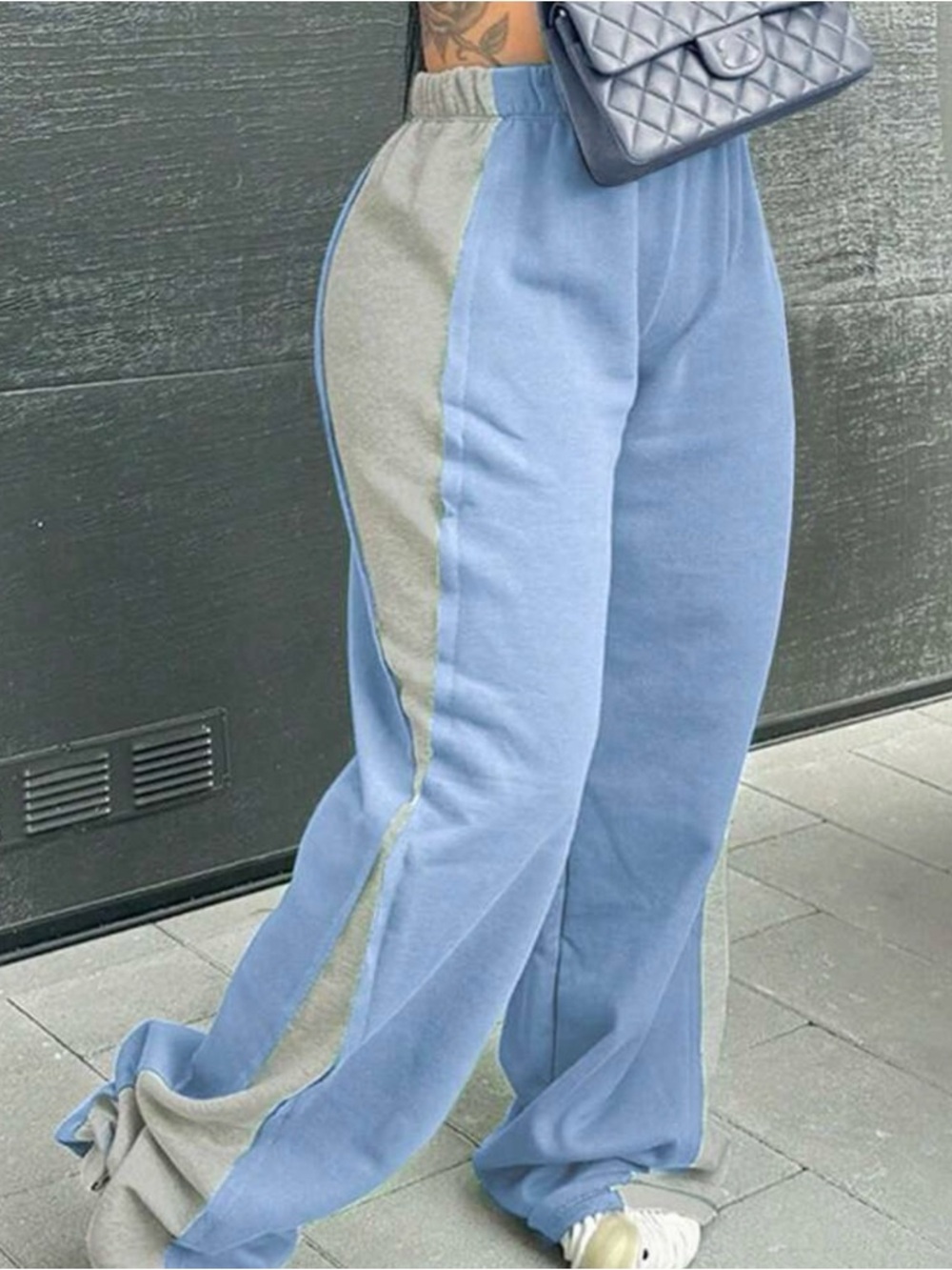 Relaxed Two-Tone Wide Leg Pants - Light Blue/Gray
